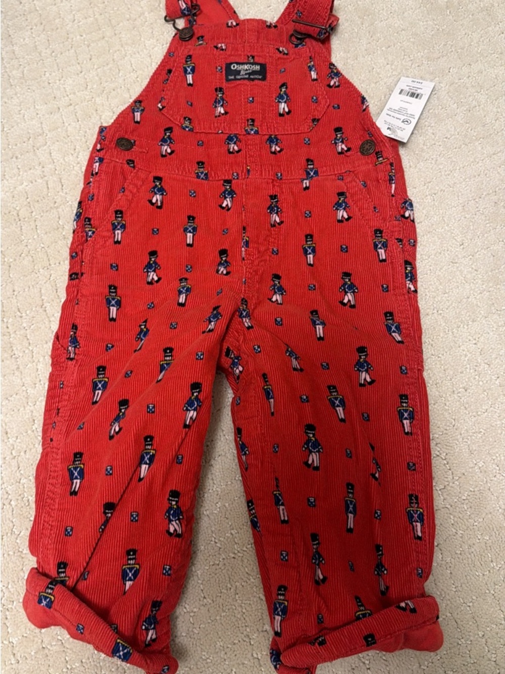 OshKosh B'gosh Red Corduroy Overalls with Toy Soldier Print